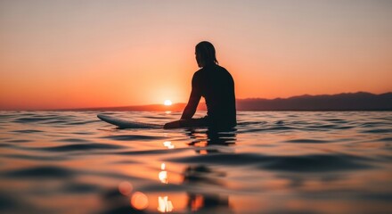 Male surfer silhouette on a surfboard waiting for a wave. Golden hour sunset over the ocean. Active lifestyle and water sports adventure. Mindfulness and solitude in nature