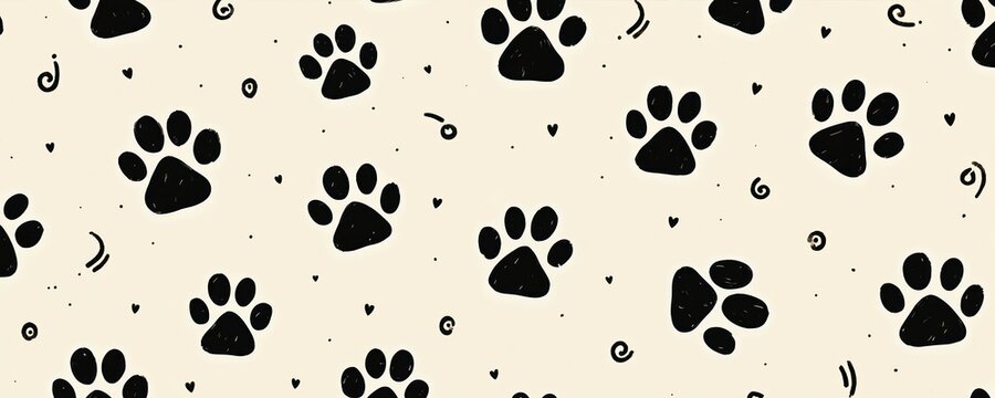 Beige backdrop shows pawprint pattern design. Black pets footprints, ornament decor. Repeating doodle animal trace graphic creates fun doggy or cat wallpaper print for textile or kids design pattern.