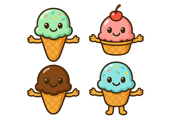 Obraz premium Four cute smiling ice cream characters in cones and cups