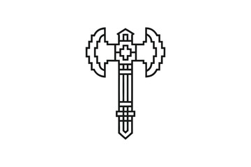 Pixelated battleaxe shows sharp blade edges on a plain background with an antique appearance