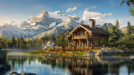 Fototapeta premium A wooden cabin by a serene lake surrounded by majestic mountains. The scene captures the beauty of nature and tranquility.