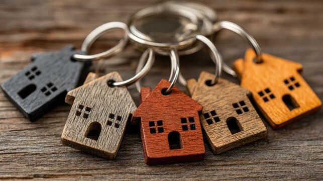 Set of colorful wooden house keychains symbolizing real estate diversity