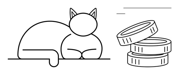 Cat resting with contentment near a stack of coins, representing financial stability, investment, wealth, savings, insurance, budgeting, and animal welfare. Ideal for a simple flat metaphor