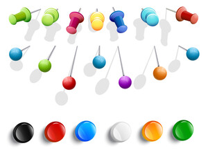 Colorful Set of Realistic Push Pins, Thumbtacks, and Round Magnets Vector Icons