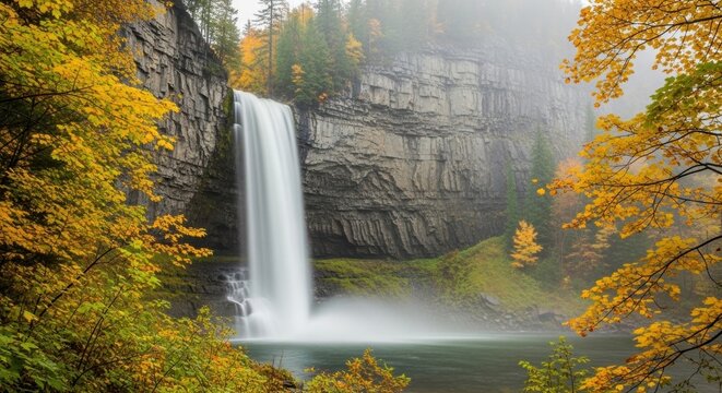 Majestic waterfall in a misty autumn forest. Long exposure of cascading water over a rocky cliff. Scenic natural landscape with vibrant yellow foliage. Wilderness travel and tourism concept - Powered by Adobe
