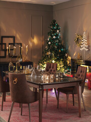 Vertical scene of a cozy Christmas dining room. Festive table set with candles and an illuminated tree in the background.