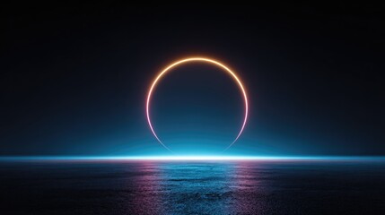 Neon glowing circle above the sea horizon