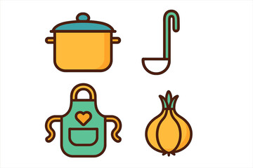 Set of kitchen and cooking icons including pot, ladle, apron, and onion ingredient