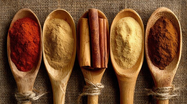Assorted spices in wooden spoons