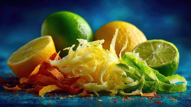 Citrus zest and fruits on blue background - Powered by Adobe