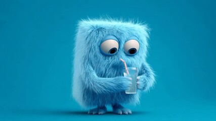 Blue fluffy cartoon monster drinking a beverage from a glass and straw, looking sleepy with heavy eyelids