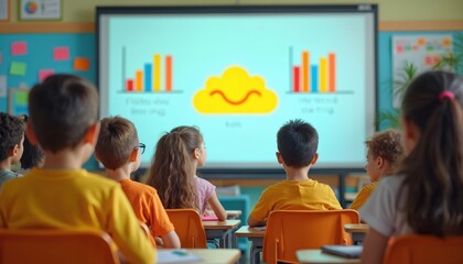 Back view of kids in classroom learning with interactive whiteboard. Diverse group of pupils watch presentation with charts on screen. Students engaged in modern elementary school education using