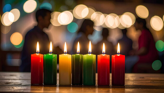 Kwanzaa Candles and Festive Bokeh: A vibrant display of seven Kwanzaa candles, each with a symbolic hue, glows brightly amidst a soft, blurred backdrop of celebratory lights.