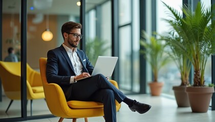 Man in suit sits in yellow chair using laptop. Businessman works indoors near large window with plants. He looks focused on computer screen.