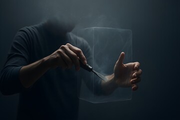Man Carving Transparent Cube – Creativity and Craftsmanship Concept