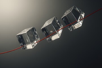 Transparent Glass Cubes Hanging on Red Thread – Connection and Fragility Concept