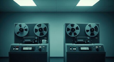 Old reel to reel tape machines for data recording. Vintage surveillance equipment in a secret room. Espionage and intelligence gathering technology. Retro information archive system
