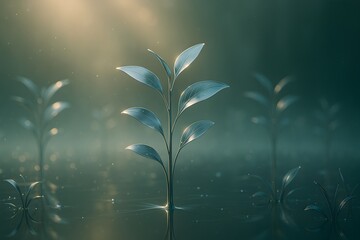 Futuristic Metallic Plant Growing in Light – Hope and Renewal Concept