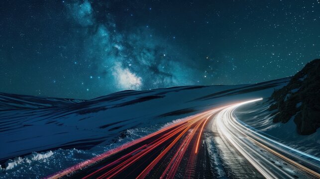 Night highway with light trails from vehicles under a starry sky and Milky Way galaxy, surrounded by dark hills and snow patches.