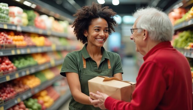 Smiling grocery store employee assists senior client with cardboard box. Friendly service provided in supermarket. Worker helps elderly customer shopping for groceries at market. - Powered by Adobe