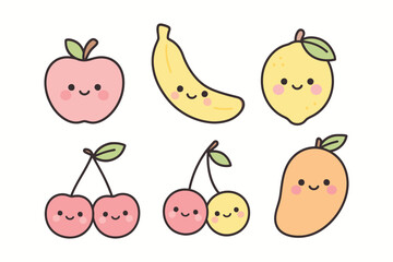 Cute kawaii style fruits collection with happy faces and simple cartoon illustrations