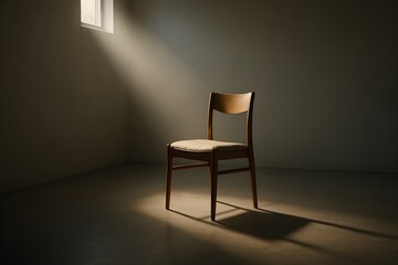 Wooden Chair in Empty Room with Light Beam – Solitude and Reflection Concept