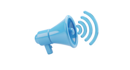 Blue megaphone with sound waves isolated on transparent background for communication or promotion