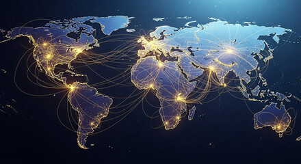 abstract golden threads connecting continents — global connection through diplomacy