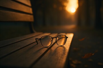 Glasses on Bench at Sunset – Memory and Reflection Concept