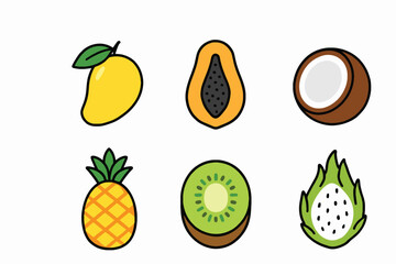 Collection of six colorful tropical fruits including mango papaya coconut pineapple kiwi and dragon fruit