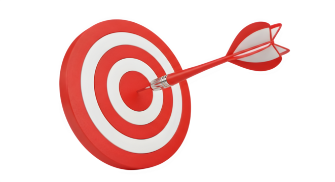 A red and white target with an arrow in the bullseye isolated on transparent background
