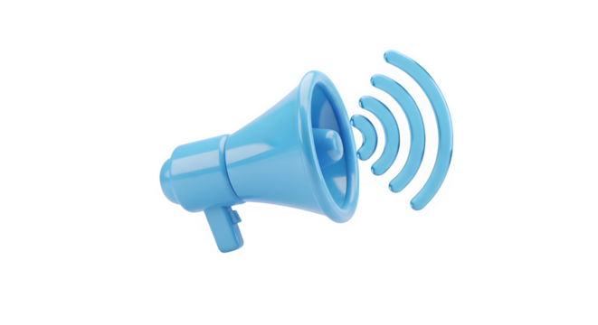 Blue megaphone with sound waves isolated on transparent background for communication or promotion