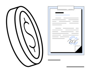 Currency coin and signed paperwork represent transactions or contracts. Ideal for finance, business deals, investment, loans, legal agreements, documentation, trade. Simple flat metaphor