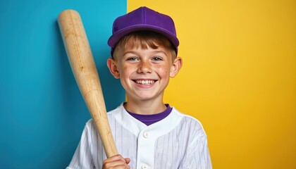 Cheerful freckled boy with baseball bat smiles happily. Young kid in jersey and cap plays sport. Youthful child enthusiastic about baseball game, bright colorful studio.