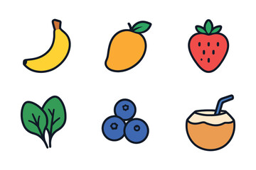 Collection of colorful hand drawn fruit icons including banana mango strawberry spinach blueberries and coconut drink
