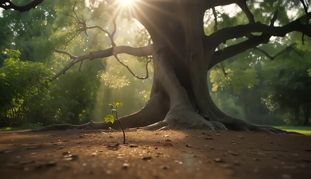 Sunlit sapling with beams behind an ancient trunk