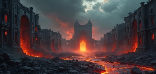 Illustration of a post apocalyptic cityscape engulfed by lava. Buildings are destroyed during cataclysmic event. Inferno rages through a ruined town, depicting hellish landscape.
