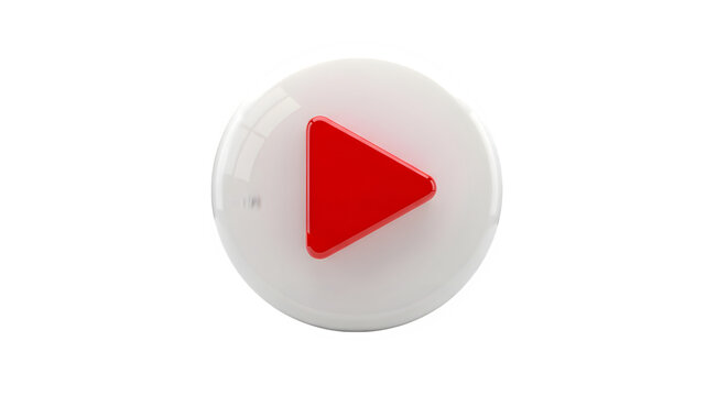 A white button with a red play symbol isolated on transparent background for video streaming