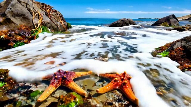 Starfish on Rocky Shoreline with Ocean Waves and Blue Sky.