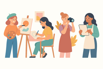 Diverse group of women artists engaged in various creative pursuits like painting photography and drawing