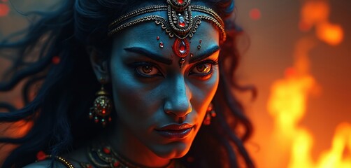 Close up of Hindu goddess Kali with intense eyes and ornate jewelry. Fiery background highlights her power and divine wrath. She represents destruction and creation.