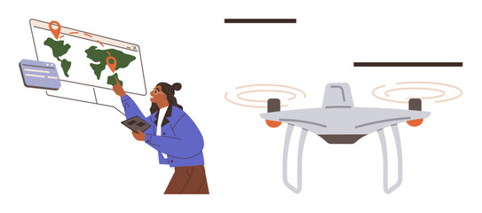 Person using a touchscreen map interface to track locations with a quadcopter flying nearby. Ideal for navigation, mapping, delivery, surveillance, technology, innovation, global connectivity. Simple