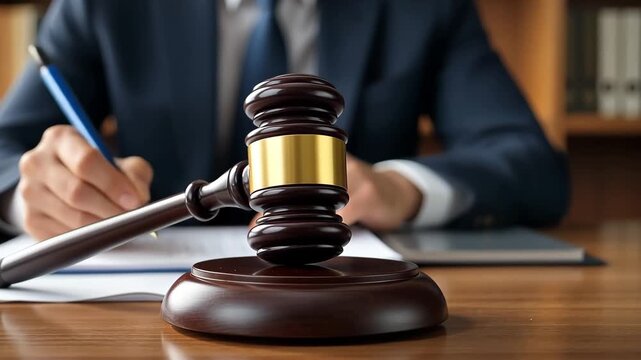 Gavel of justice. Symbol of authority and decision-making in courtroom. Power of law and order. Lawyer who signs documents in accordance with applicable legal regulations