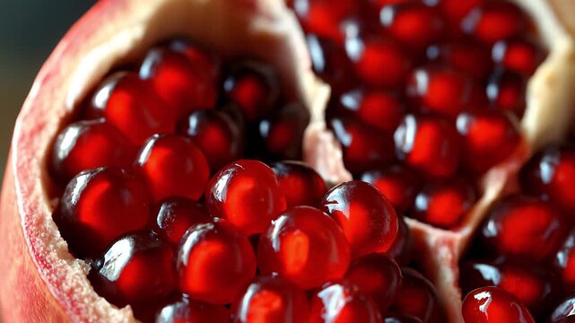 Macro of split pomegranate reveals glossy ruby arils brimming with juice. Warm light makes them glow, evoking freshness, indulgent flavor, and idea of natural abundance and health. Brisk flavor