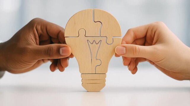 Hands from both sides complete lightbulb puzzle lights up. Symbol of teamwork, shared insight and innovation people connect. Close-up of collaborators holding glowing wooden bulb made of jigsaw pieces