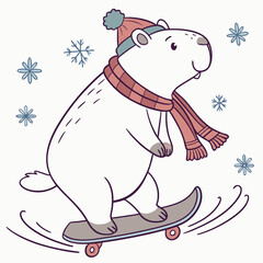 Charming SVG of a Funny Capybara featuring riding a skateboard, styled in a Winter theme with Winter Wonderland hues