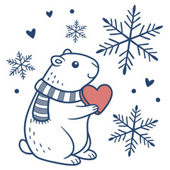 Funny expression on a Capybara in a Winter theme, with holding a heart – Winter Wonderland vector art
