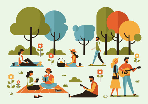 Relaxing outdoor scenes: people enjoying a sunny day in a flat style park setting