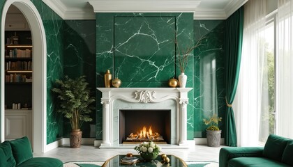 Elegant living room displays a green marble fireplace with warm, burning logs. Lux decor includes plants and gold accents. A white marble mantelpiece adds sophistication to the cozy home interior.