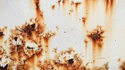 Grunge white painted metal texture with heavy vertical rust stains. Abstract industrial background.
